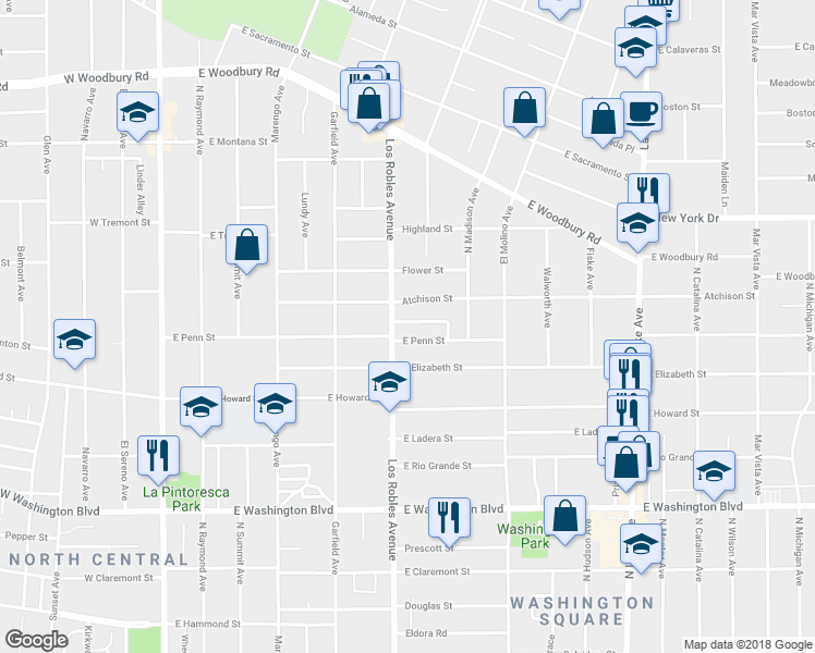 map of restaurants, bars, coffee shops, grocery stores, and more near 466 Wickliffe Drive in Pasadena