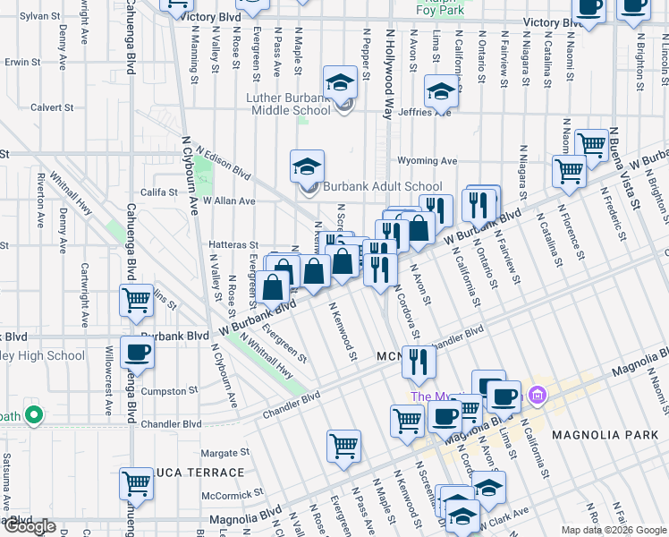 map of restaurants, bars, coffee shops, grocery stores, and more near 1415 North Screenland Drive in Burbank