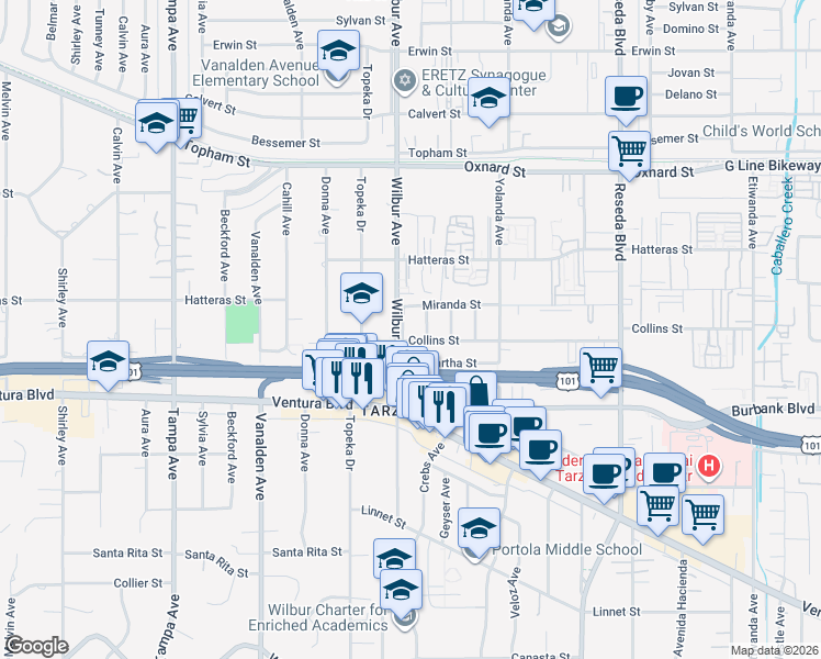 map of restaurants, bars, coffee shops, grocery stores, and more near 5710 Wilbur Avenue in Los Angeles