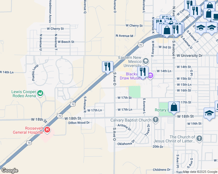 map of restaurants, bars, coffee shops, grocery stores, and more near 1600 South Avenue O in Portales
