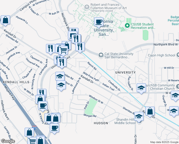map of restaurants, bars, coffee shops, grocery stores, and more near 5104 Sagebrush Terrace in San Bernardino