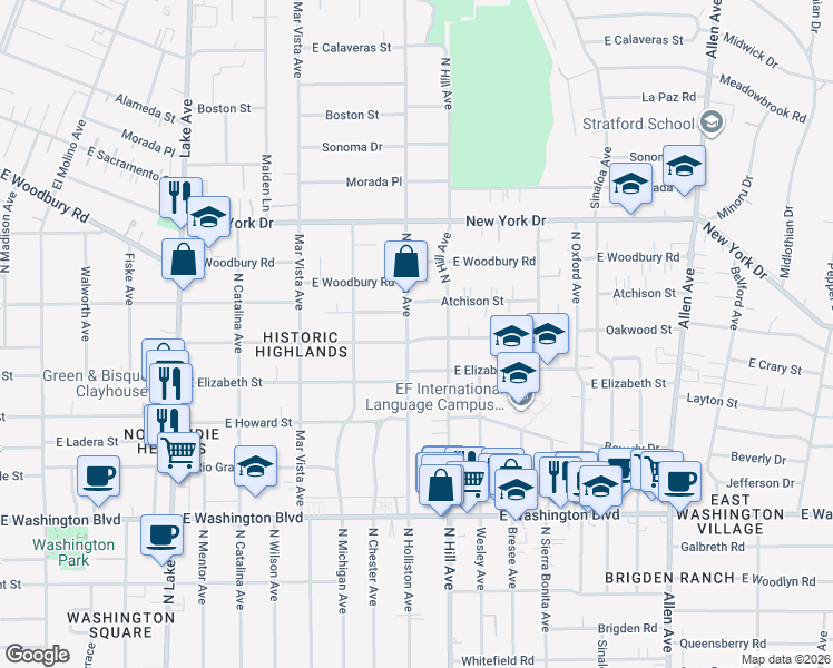 map of restaurants, bars, coffee shops, grocery stores, and more near 1661 North Holliston Avenue in Pasadena