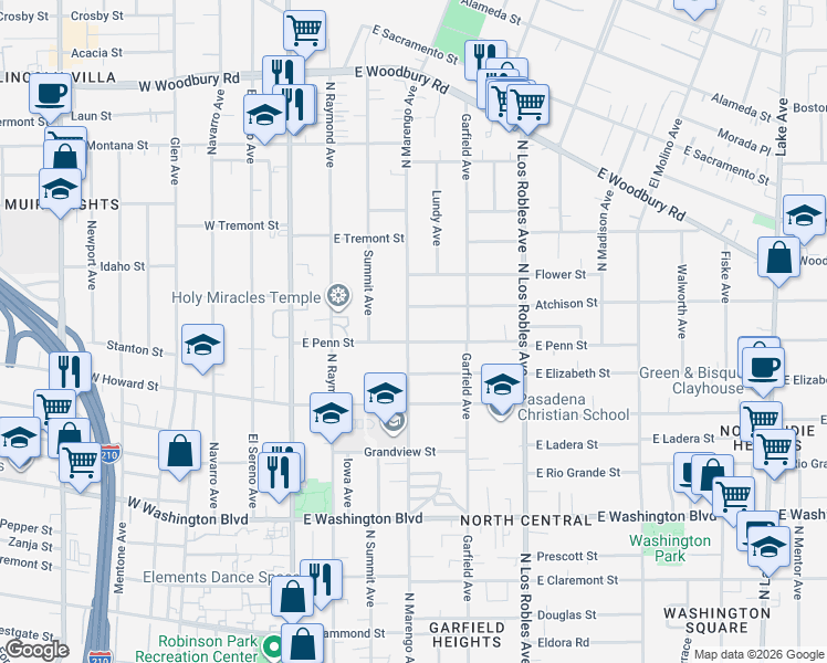 map of restaurants, bars, coffee shops, grocery stores, and more near 226 East Penn Street in Pasadena