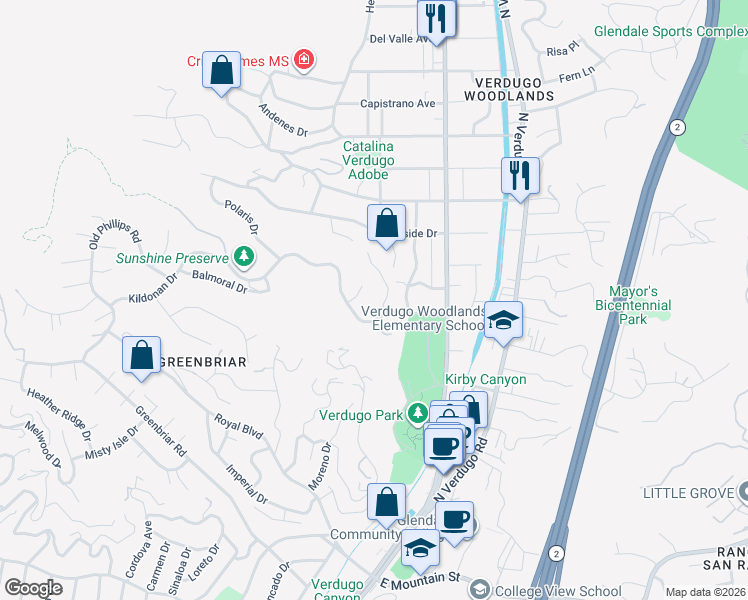 map of restaurants, bars, coffee shops, grocery stores, and more near 1550 Sunshine Drive in Glendale