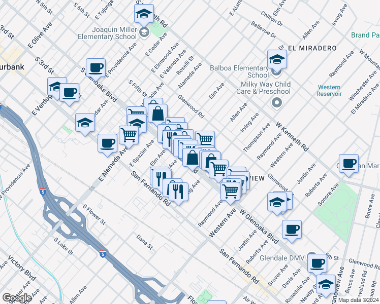 map of restaurants, bars, coffee shops, grocery stores, and more near 1119 Allen Avenue in Glendale