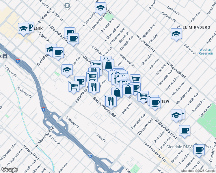 map of restaurants, bars, coffee shops, grocery stores, and more near 1060 Elm Avenue in Glendale
