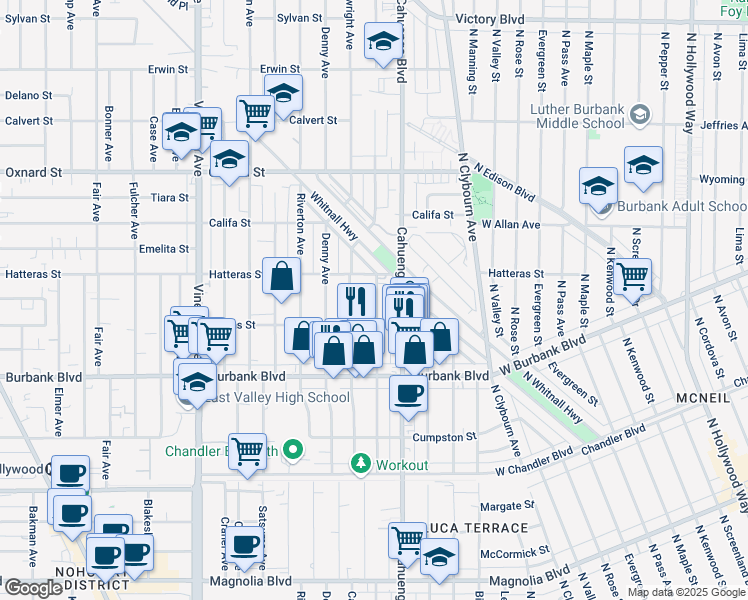 map of restaurants, bars, coffee shops, grocery stores, and more near 5718 Cartwright Avenue in Los Angeles