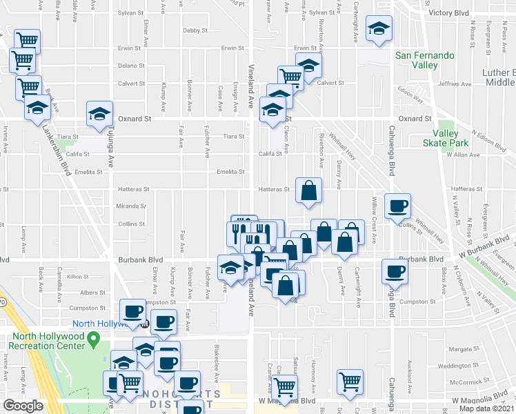 map of restaurants, bars, coffee shops, grocery stores, and more near 5719 Craner Avenue in Los Angeles