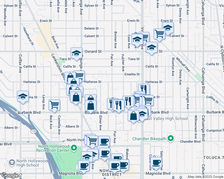 map of restaurants, bars, coffee shops, grocery stores, and more near 5724 Fair Avenue in Los Angeles