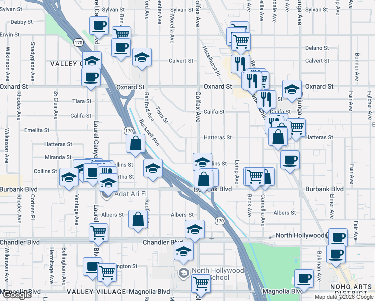 map of restaurants, bars, coffee shops, grocery stores, and more near 5711 Simpson Avenue in Los Angeles
