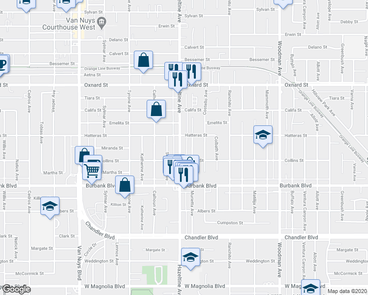 map of restaurants, bars, coffee shops, grocery stores, and more near 5716 Hazeltine Avenue in Los Angeles