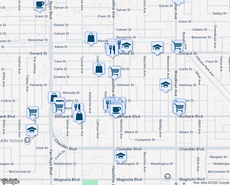 map of restaurants, bars, coffee shops, grocery stores, and more near 5716 Hazeltine Avenue in Los Angeles