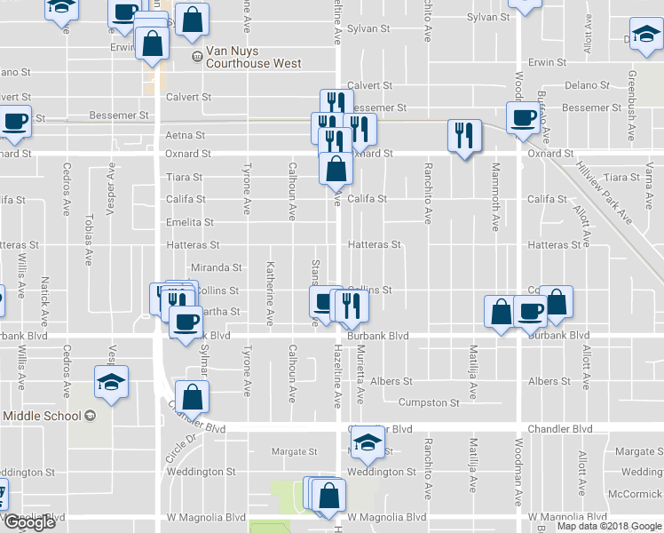 map of restaurants, bars, coffee shops, grocery stores, and more near 5716 Hazeltine Avenue in Los Angeles