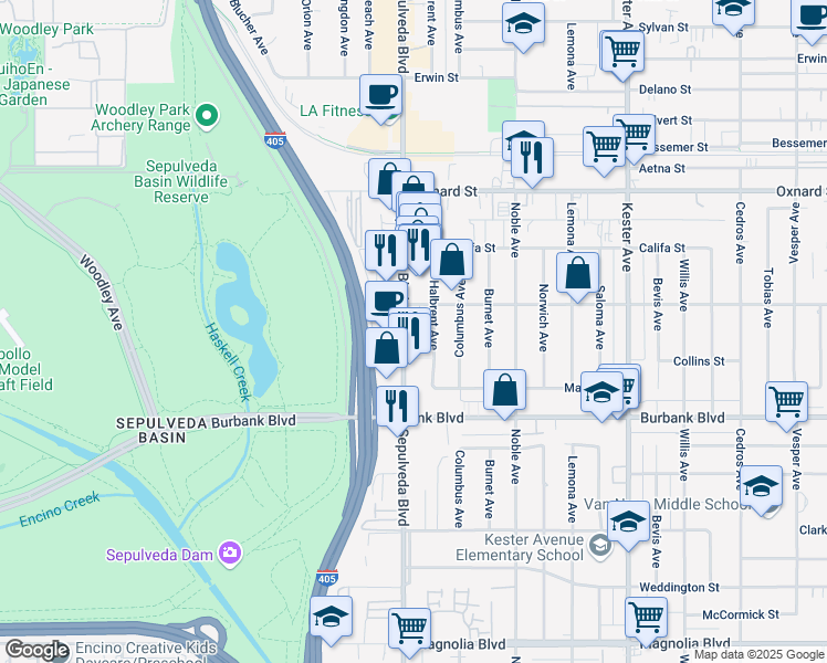 map of restaurants, bars, coffee shops, grocery stores, and more near 5720 Sepulveda Boulevard in Los Angeles
