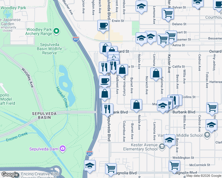 map of restaurants, bars, coffee shops, grocery stores, and more near 5720 Sepulveda Boulevard in Los Angeles