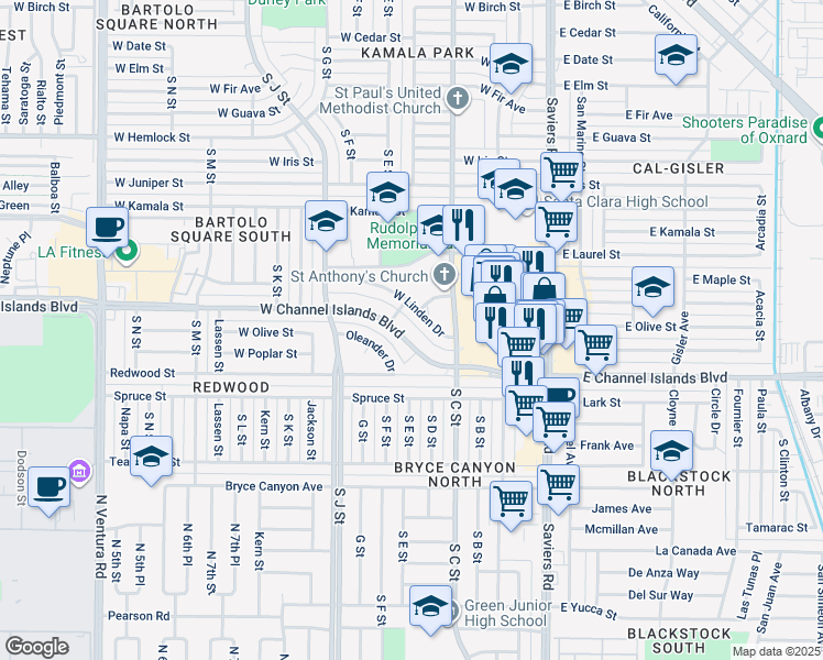 map of restaurants, bars, coffee shops, grocery stores, and more near 505 West Channel Islands Boulevard in Oxnard