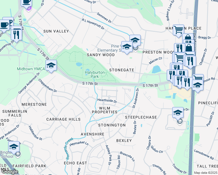map of restaurants, bars, coffee shops, grocery stores, and more near 4133 Hearthside Drive in Wilmington