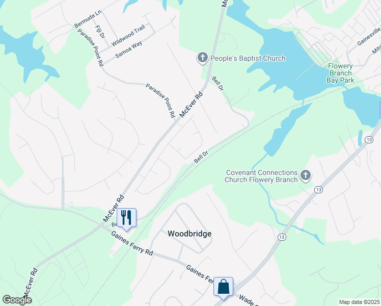 map of restaurants, bars, coffee shops, grocery stores, and more near 6288 Bell Drive in Flowery Branch