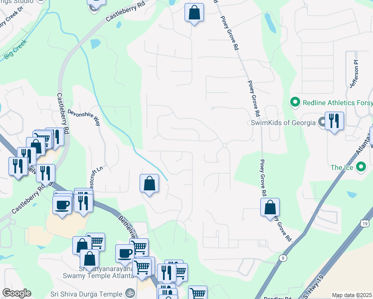 map of restaurants, bars, coffee shops, grocery stores, and more near 6560 Waveland Drive in Cumming