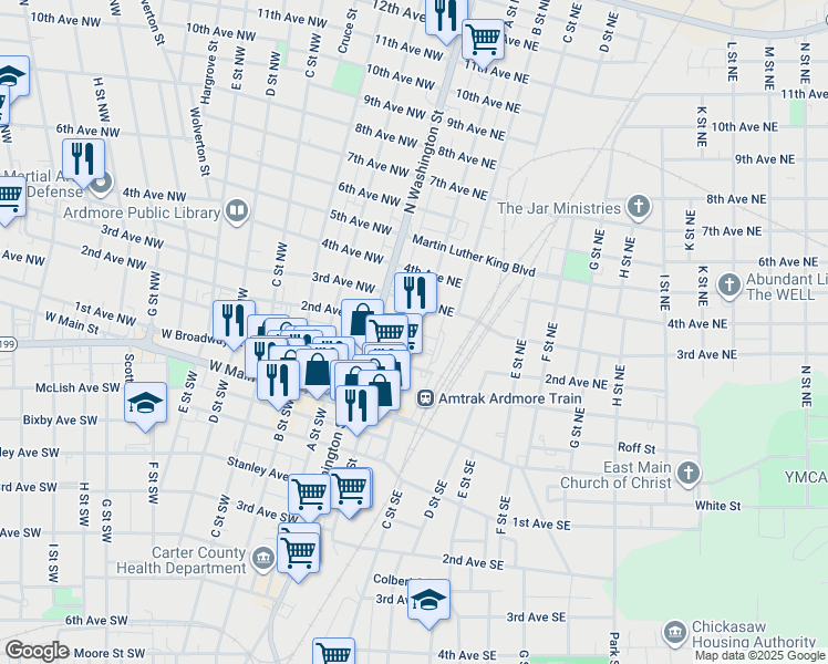 map of restaurants, bars, coffee shops, grocery stores, and more near 111 East Broadway Street in Ardmore