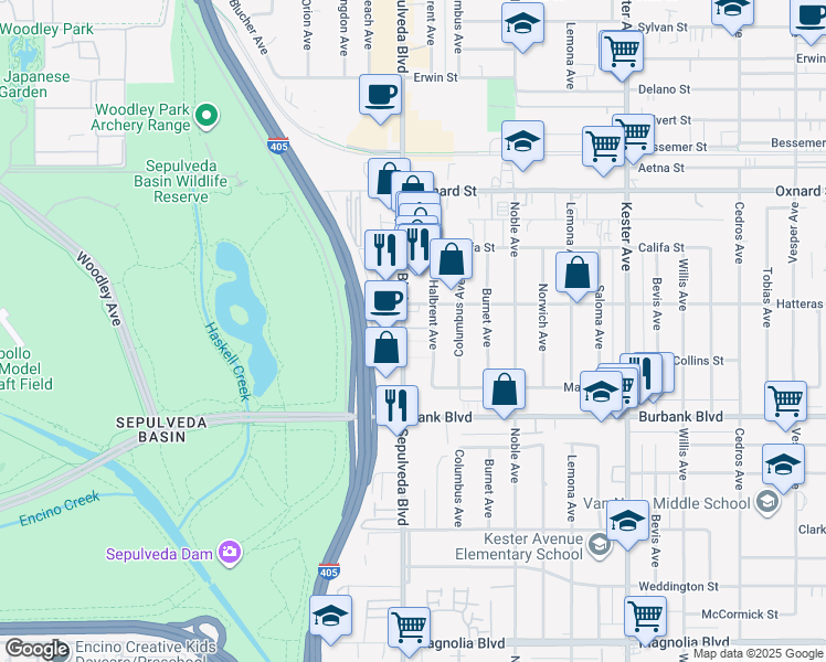 map of restaurants, bars, coffee shops, grocery stores, and more near 5732 Sepulveda Boulevard in Los Angeles