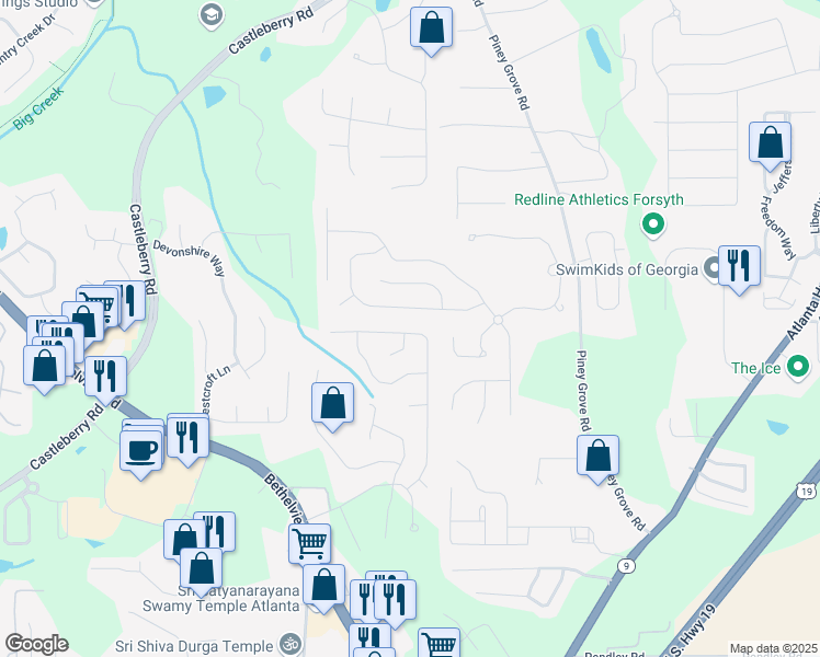 map of restaurants, bars, coffee shops, grocery stores, and more near 6610 Waveland Drive in Cumming