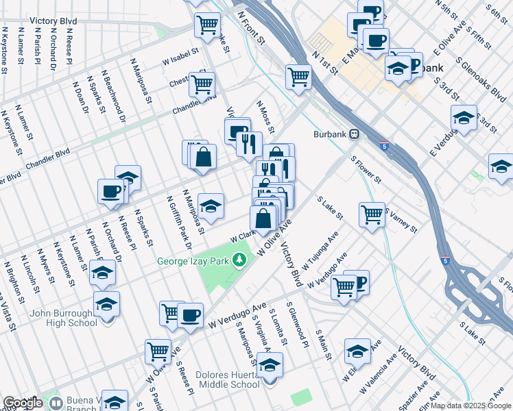 map of restaurants, bars, coffee shops, grocery stores, and more near 917 West Orange Grove Avenue in Burbank