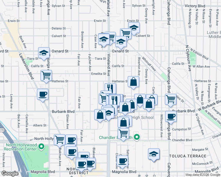 map of restaurants, bars, coffee shops, grocery stores, and more near 104 Vineland Avenue in Los Angeles