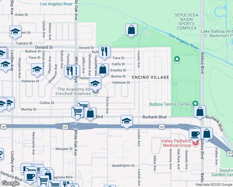 map of restaurants, bars, coffee shops, grocery stores, and more near 5724 Bianca Avenue in Los Angeles