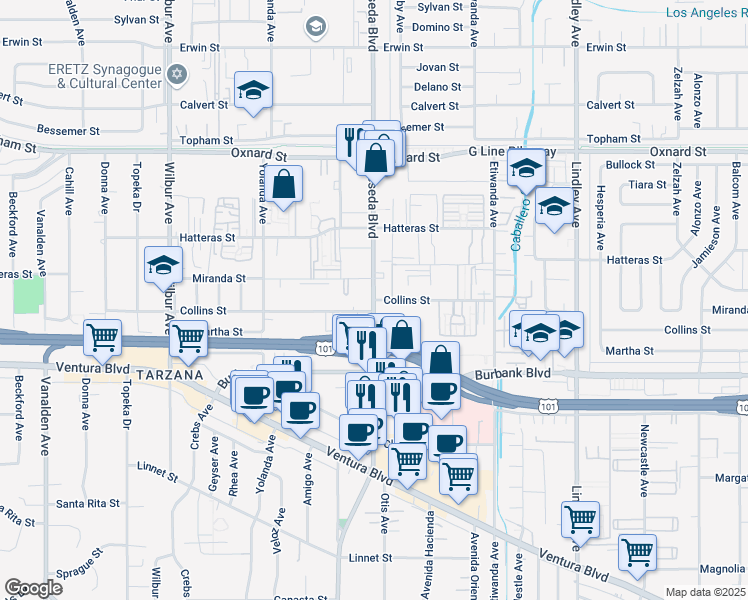 map of restaurants, bars, coffee shops, grocery stores, and more near Reseda Blvd & Collins St in Los Angeles