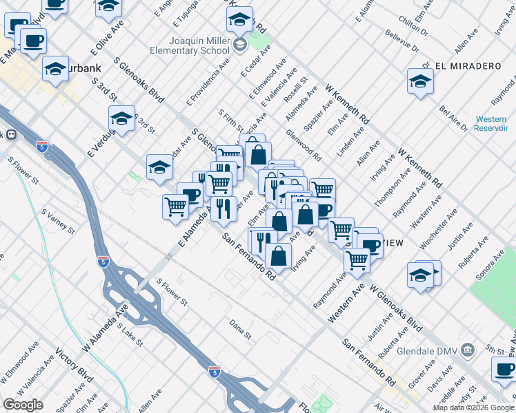 map of restaurants, bars, coffee shops, grocery stores, and more near 1059 Elm Avenue in Glendale