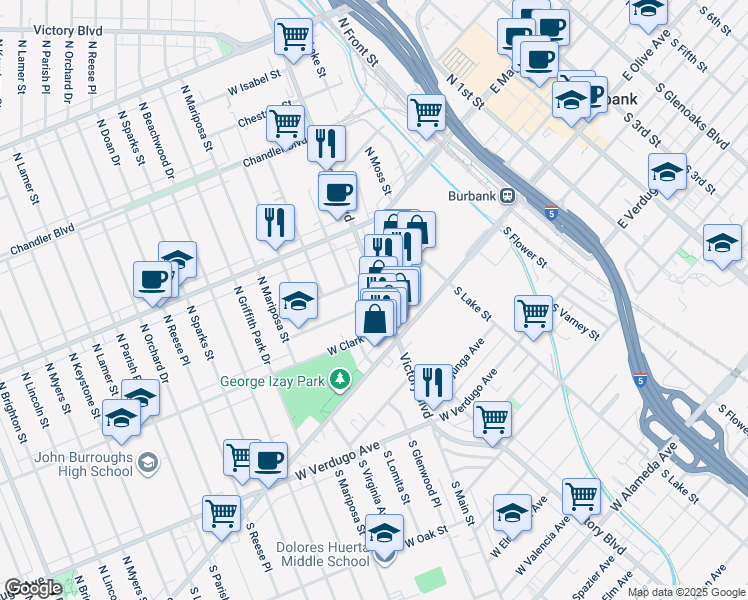 map of restaurants, bars, coffee shops, grocery stores, and more near 203 North Victory Boulevard in Burbank