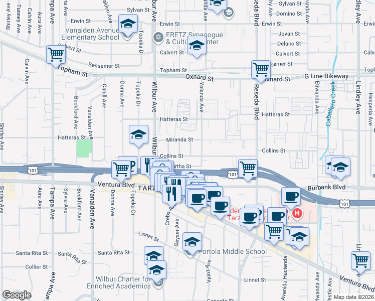 map of restaurants, bars, coffee shops, grocery stores, and more near 5711 Rhea Avenue in Los Angeles