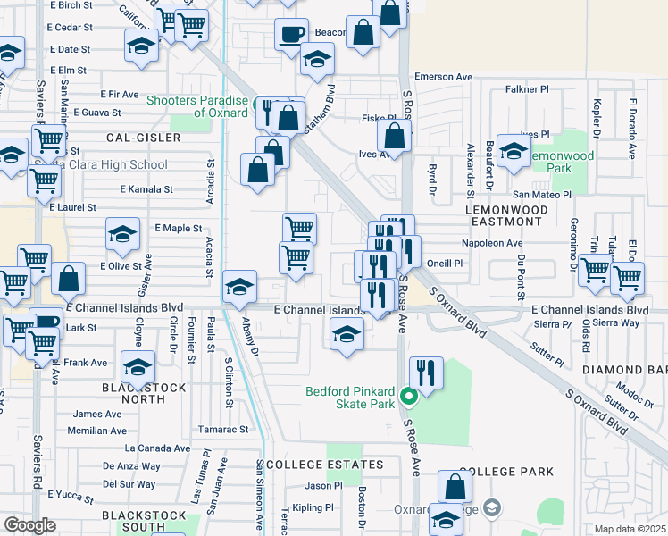 map of restaurants, bars, coffee shops, grocery stores, and more near 2672 Stowe Drive in Oxnard