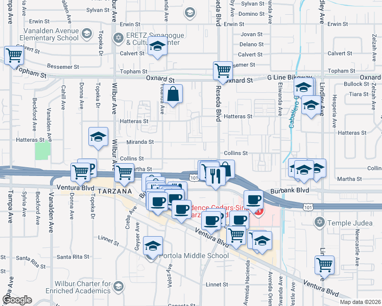map of restaurants, bars, coffee shops, grocery stores, and more near 18619 Collins Street in Los Angeles