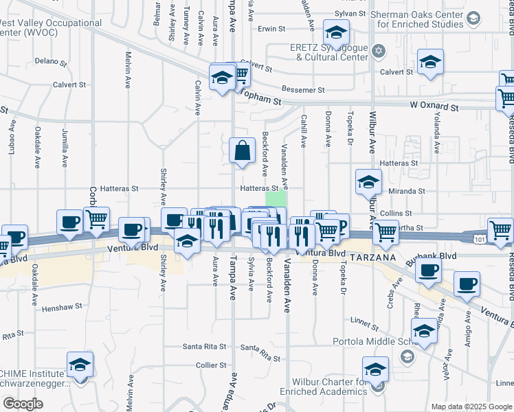 map of restaurants, bars, coffee shops, grocery stores, and more near 5719 Beckford Avenue in Los Angeles