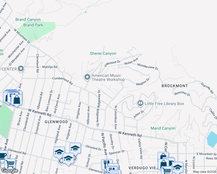 map of restaurants, bars, coffee shops, grocery stores, and more near 441 Audraine Drive in Glendale
