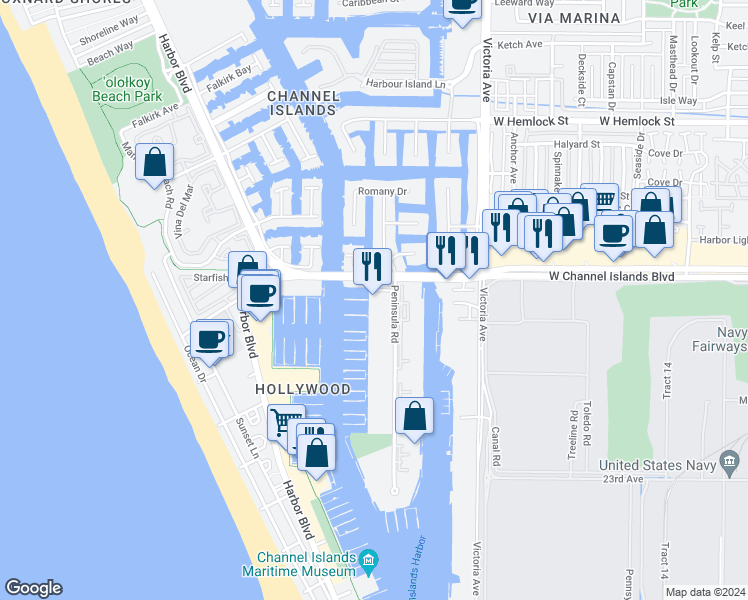map of restaurants, bars, coffee shops, grocery stores, and more near 2701 Peninsula Road in Oxnard