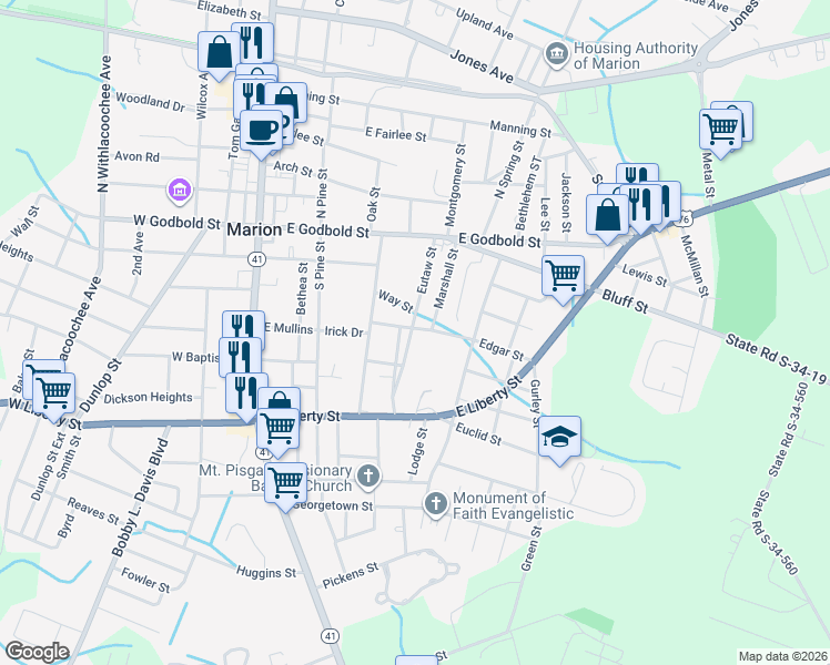 map of restaurants, bars, coffee shops, grocery stores, and more near 401 Eutaw Street in Marion