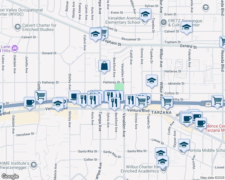map of restaurants, bars, coffee shops, grocery stores, and more near 5719 Beckford Avenue in Los Angeles