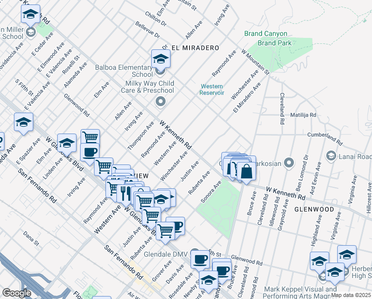 map of restaurants, bars, coffee shops, grocery stores, and more near 1630 West Kenneth Road in Glendale