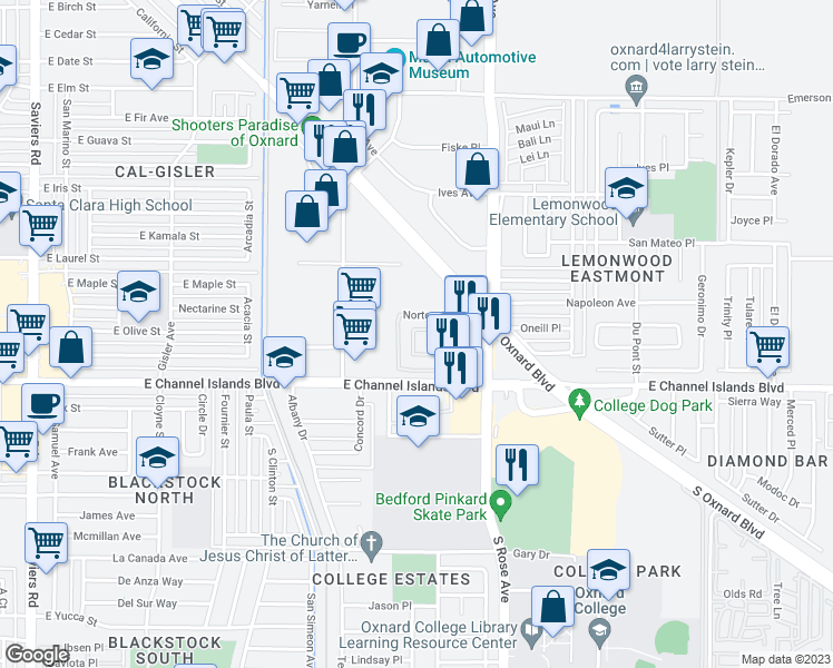 map of restaurants, bars, coffee shops, grocery stores, and more near 1524 Orwell Lane in Oxnard