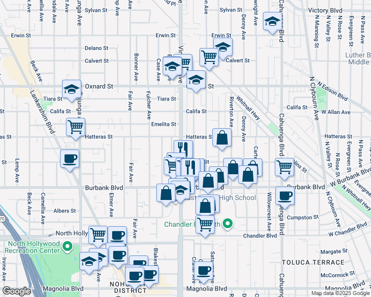 map of restaurants, bars, coffee shops, grocery stores, and more near 5719 Craner Avenue in Los Angeles
