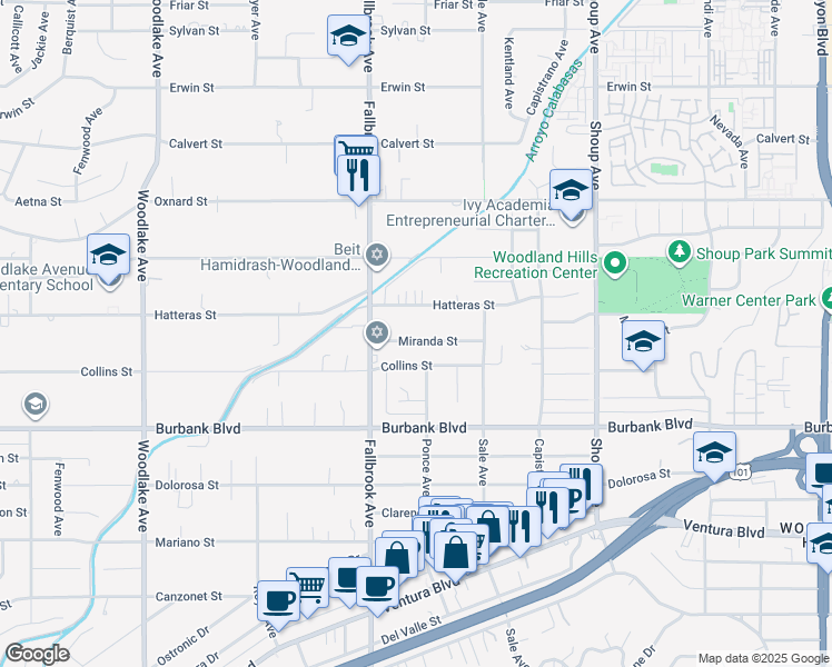 map of restaurants, bars, coffee shops, grocery stores, and more near 22717 Miranda Street in Los Angeles