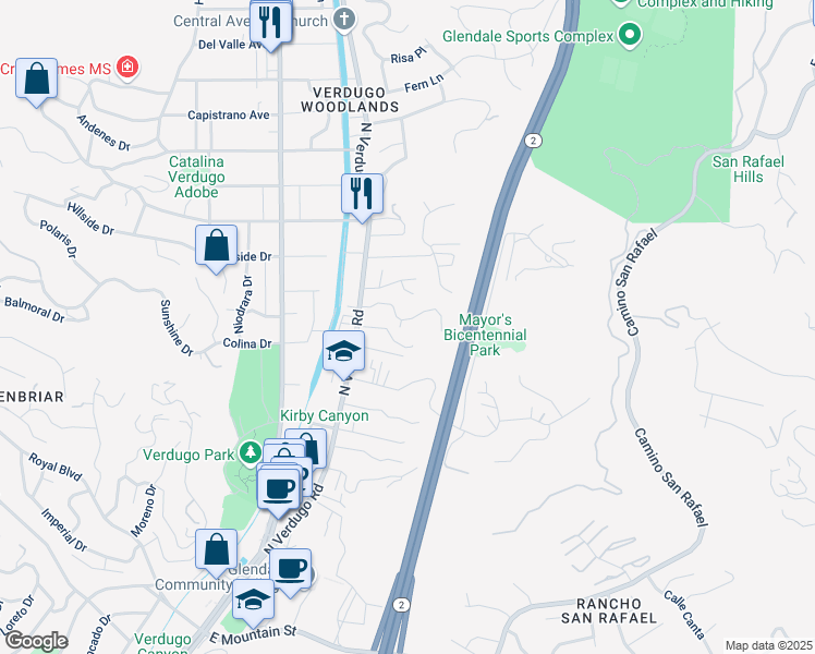 map of restaurants, bars, coffee shops, grocery stores, and more near 1824 Verdugo Knolls Place in Glendale