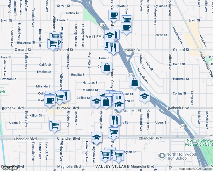 map of restaurants, bars, coffee shops, grocery stores, and more near 5736 Vantage Avenue in Los Angeles