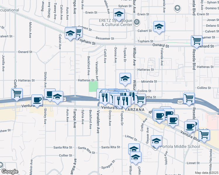 map of restaurants, bars, coffee shops, grocery stores, and more near 19024 Miranda Street in Los Angeles