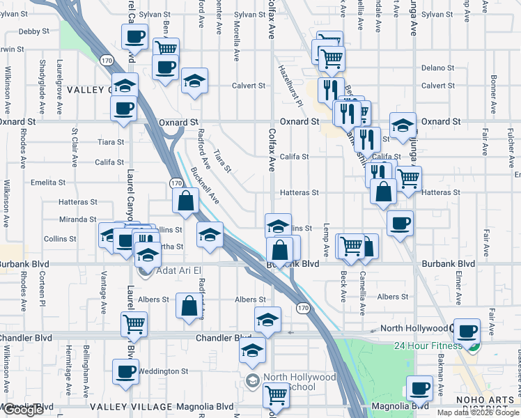 map of restaurants, bars, coffee shops, grocery stores, and more near 5732 Simpson Avenue in Los Angeles
