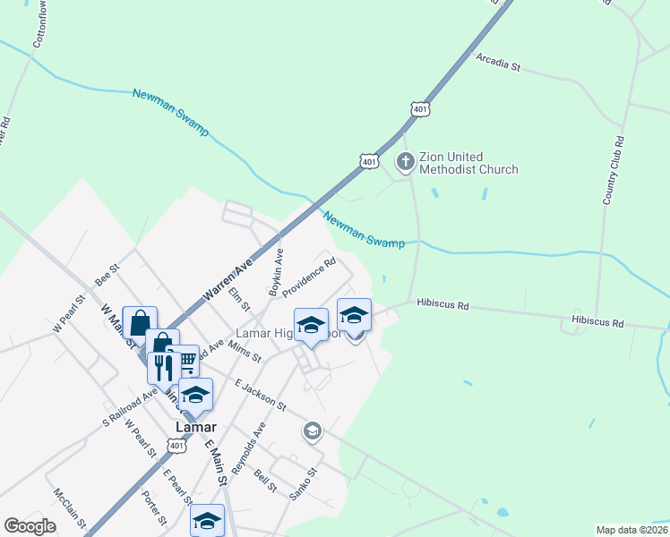 map of restaurants, bars, coffee shops, grocery stores, and more near 110 Providence Road in Lamar