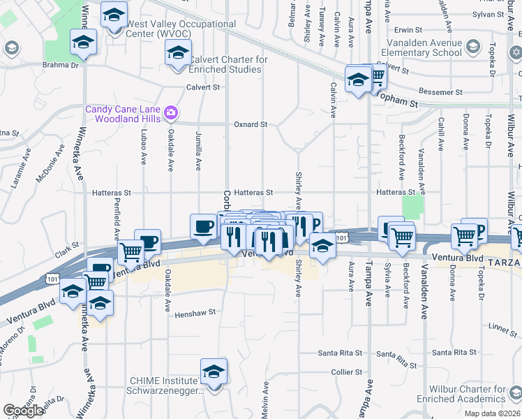 map of restaurants, bars, coffee shops, grocery stores, and more near 5642 Melvin Avenue in Los Angeles